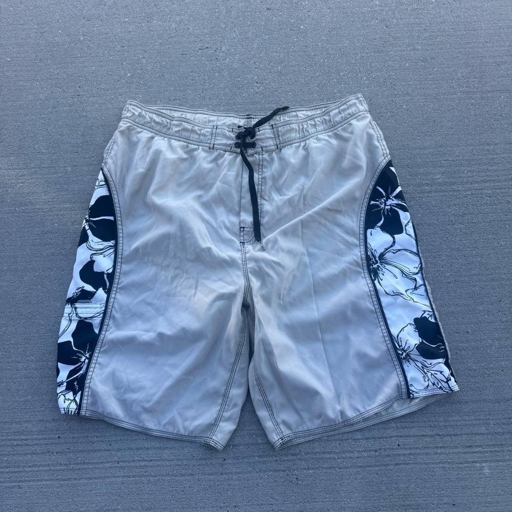 Gotcha Gear Mens Board Shorts Tan Floral Hibiscus Swim Trunks Mesh Lined XL
